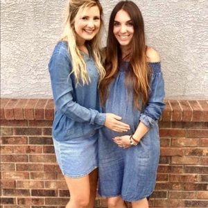 Maternity denim off shoulder midi dress